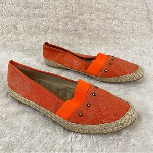 Avon Cushion Walk Slip-On Espadrilles Orange Studded Flats Tan Braided Midsoles